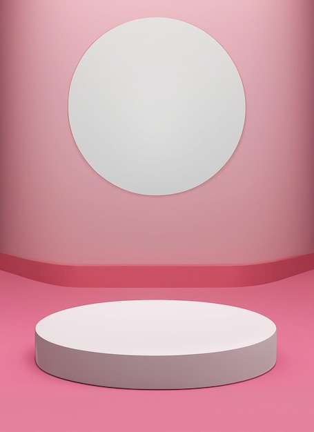 Photo podium cylindrique blanc dans la salle avec plate-forme géométrique de fond rose pour l'affichage du produit présent