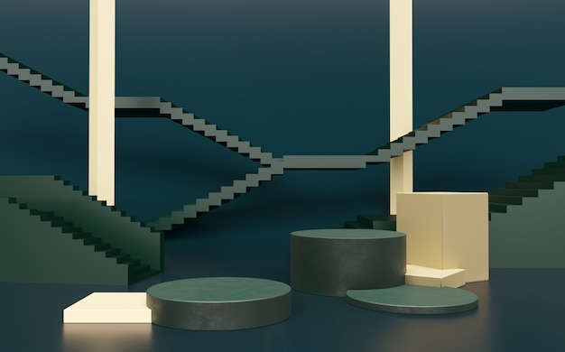 Photo podium cylindrique jaune, vert, piédestal et escaliers de cube d'exposition