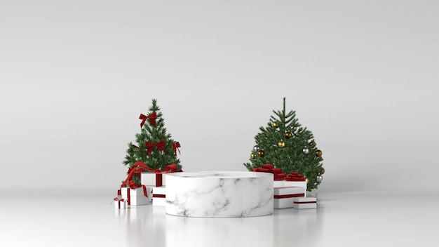 Podium cylindrique en marbre blanc avec décorations de Noël