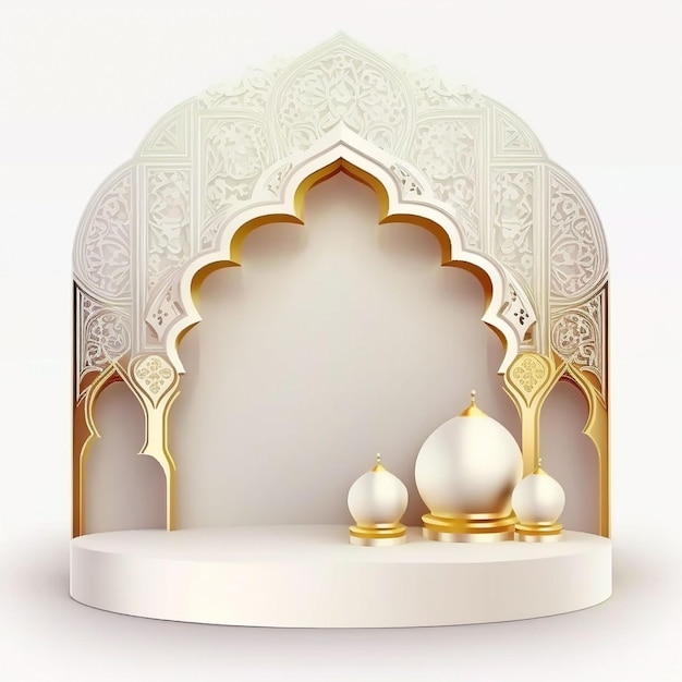Podium cylindrique minimal islamique avec feuilles de dattes Croissant de lune et étoiles Présentation du produit Afficher le produit cosmétique Piédestal ou plate-forme d'affichage de la base du podium 3d réaliste