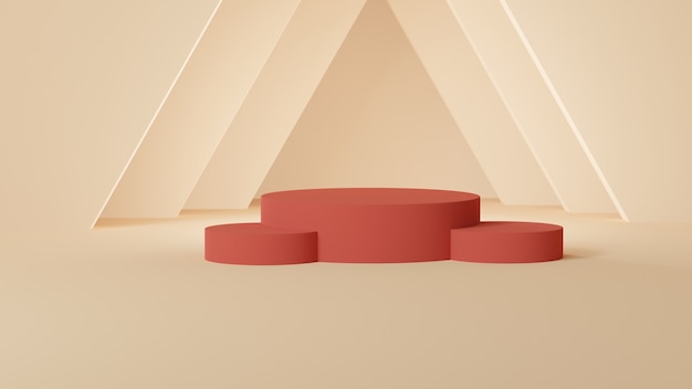 Podium cylindrique rouge avec des formes triangulaires sur une pièce pastel jaune