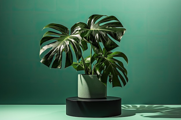 Un podium cylindrique vert avec une feuille de monstera conçu pour mettre en valeur les produits lors des présentations