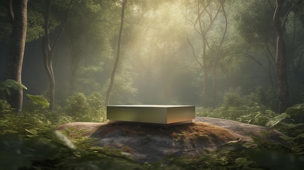 podium dans la forêt tropicale pour la présentation du produit et une lumière venant du haut