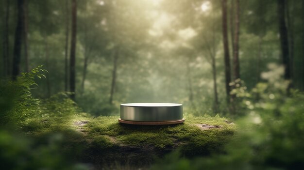 podium dans la forêt tropicale pour la présentation du produit et une lumière venant du haut