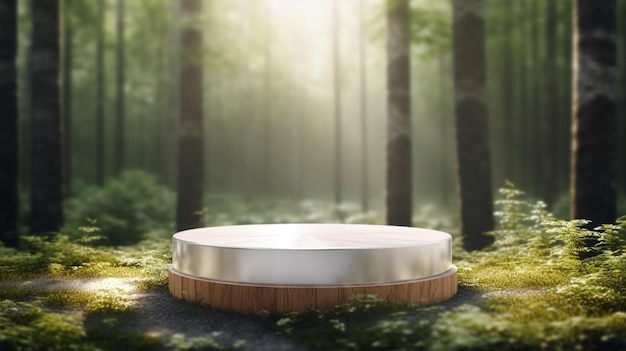 podium dans la forêt tropicale pour la présentation du produit et une lumière venant du haut