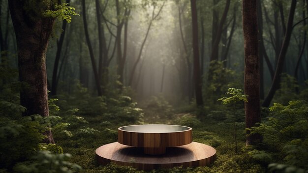 podium dans la forêt tropicale pour la présentation du produit et une lumière venant du haut