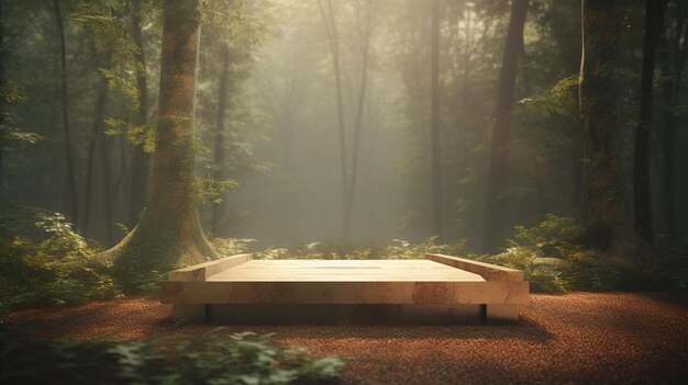 Photo podium dans la forêt tropicale pour la présentation du produit et une lumière venant du haut