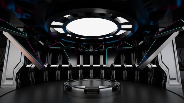 Podium dans le vaisseau spatial ou la station spatiale à l'intérieur de la scène du tunnel Sci Fi pour la présentation du produit rendu 3D
