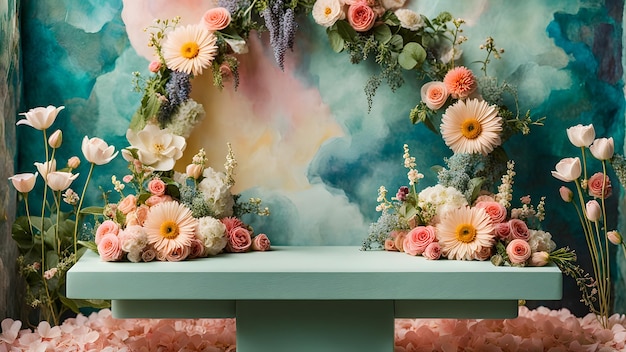 Photo un podium décoré de fleurs colorées rêveuses