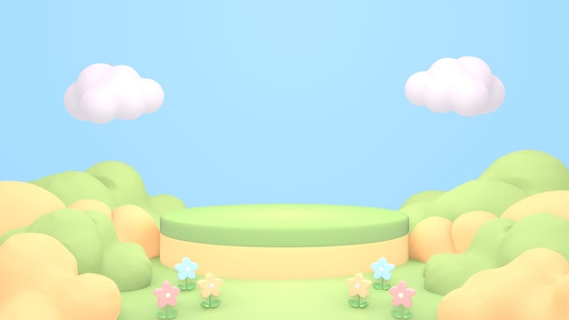 Podium de dessin animé rendu 3d avec de l'herbe et des fleurs