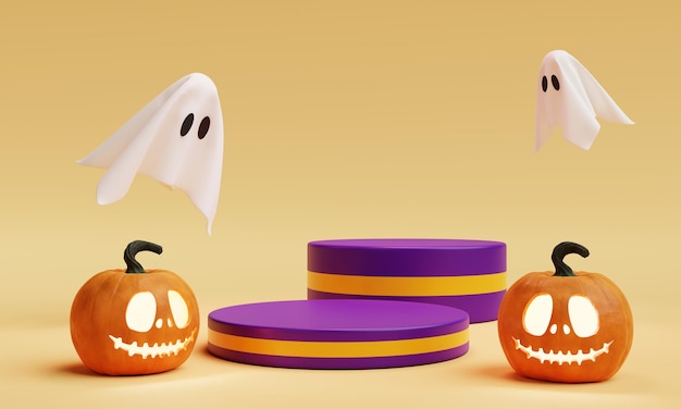 Podium en deux étapes d'Halloween Jack O Lantern pour fond de présentation de produit Festival de vacances et rendu d'illustration 3D de concept saisonnier