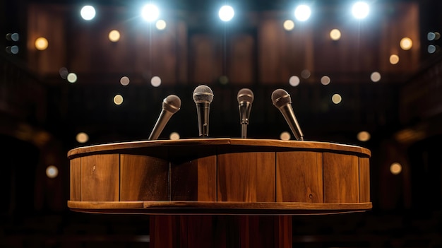 podium de discours en bois avec trois petits microphones attachés sur un fond sombre éclairé