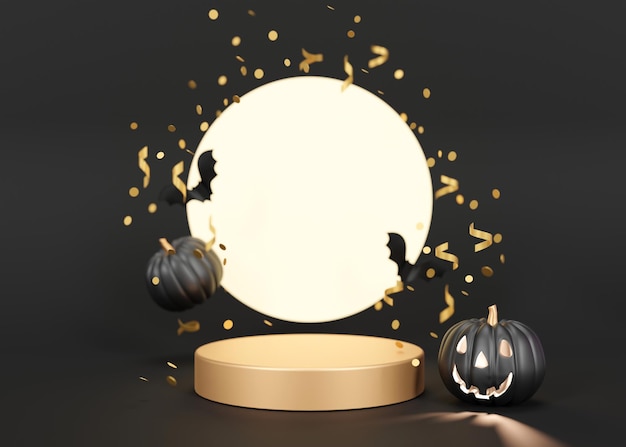 Podium doré avec décoration d'Halloween sur fond noir Composition d'Halloween Scène pour la présentation cosmétique du produit Maquette à la mode Scène de plate-forme de piédestal pour le rendu 3D du produit de beauté