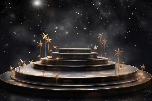 Photo podium doré avec des étoiles et de la fumée sur fond noir