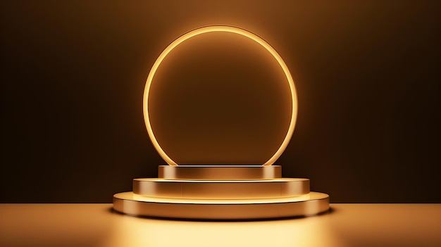 Un podium doré avec une lumière illuminée ronde sur le dessus.