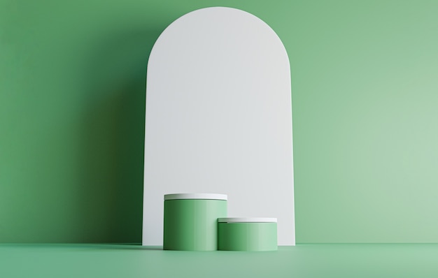 Podium à double cylindre vert avec un design minimal de mur rond blanc sur fond vert pour l'affichage de la scène du produit écologique par la technique de rendu 3d.