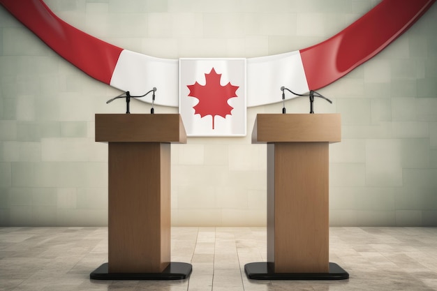 podium avec des drapeaux et un drapeau derrière