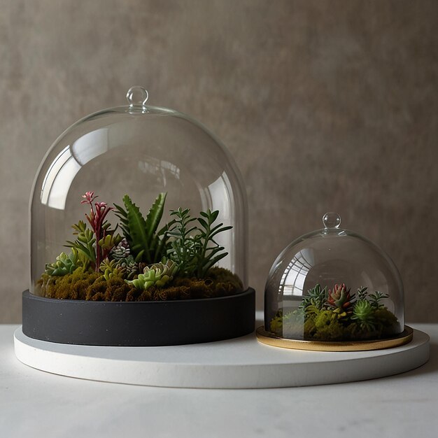 Photo le podium du terrarium au dôme de verre présente des produits d'une splendeur naturelle