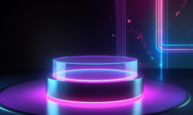 Un podium éclairé avec des lumières violettes et une lumière dessus.
