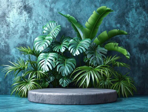 Podium élégant Natures Pedestal sur fond de jungle avec rendu Monstera 3D pour la présentation de produits biologiques
