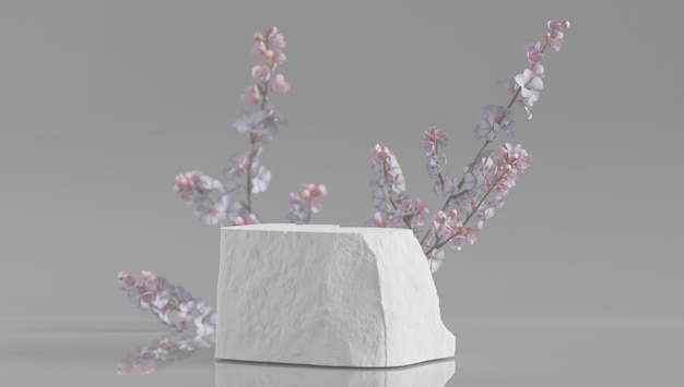 Podium élégant pour exposer des produits de parfumerie, cadeaux et cosmétiques. Pierre fendue dans des tons blancs avec des plantes. avec espace de copie - rendu 3D.