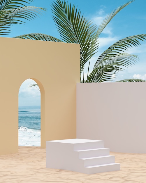 Podium d'escalier blanc sur la plage de sable pour le placement de produit sur un fond de mer avec des arbres tropicaux de rendu 3D