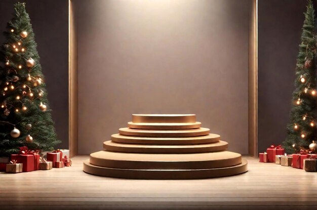 Photo podium d'escalier de noël avec éclairage spectaculaire