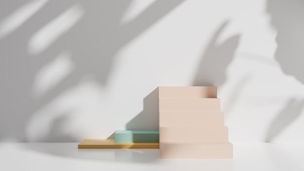 Podium, escalier et ombre sur un mur blanc, rendu 3d