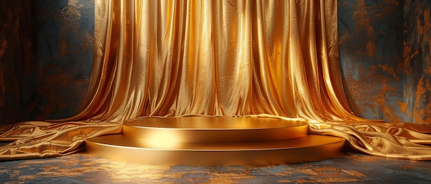 Le podium est rendu en 3D et drapé d'un élégant tissu doré de soie. Le fond présente un opulent cadre de rideau doré évoquant une vision d'élégance raffinée intemporelle.