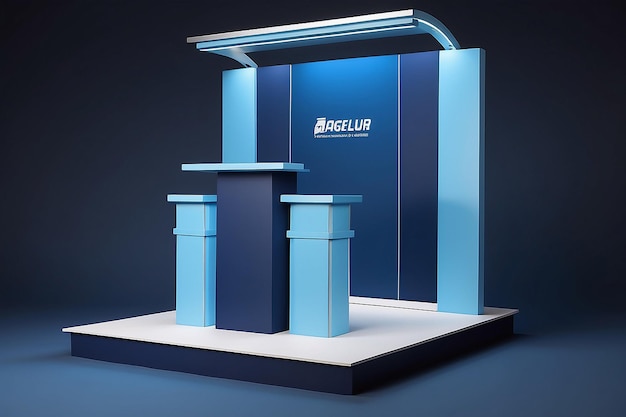 Ce podium est spécialement conçu pour présenter des produits avec une combinaison de bleu clair sur le podium et de bleu foncé sur le fond créant un affichage de présentation attrayant