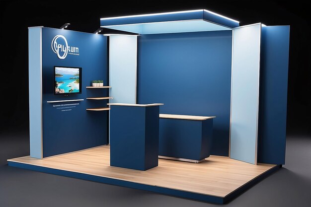 Ce podium est spécialement conçu pour présenter des produits avec une combinaison de bleu clair sur le podium et de bleu foncé sur le fond créant un affichage de présentation attrayant