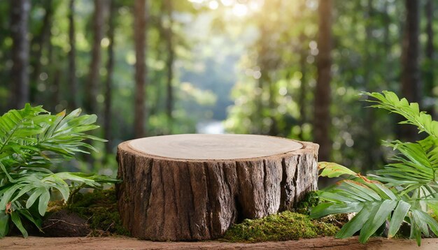 Podium d'exposition en bois avec forêt tropicale Présentation du produit Les feuilles vertes sur les plantes