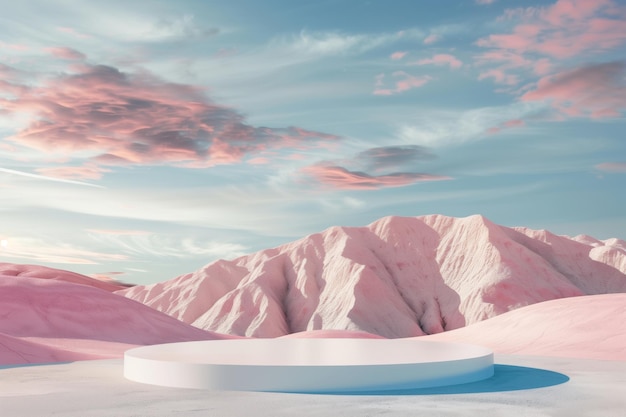 Photo podium et exposition minimale de produits avec sol de sable sur montagne de nuages rose pastel et ciel bleu