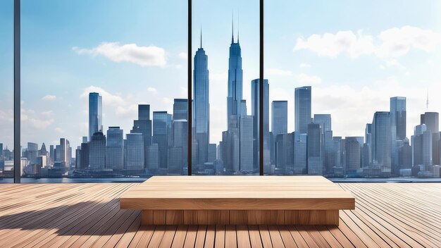 Podium d'exposition de produits en bois avec un arrière-plan flou de l'horizon du gratte-ciel