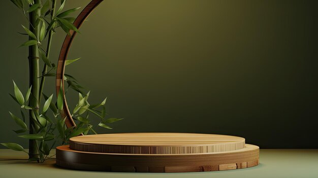 Podium d'exposition de produits en bois avec des feuilles vertes qui tombent sur un fond vert