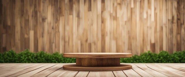 Podium d'exposition de produits en bois avec une haie verte naturelle et des planches de bois en arrière-plan Généré par Ai