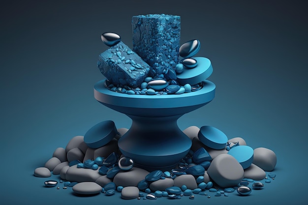 Un podium fait de pierres bleues pour afficher l'illustration des produits