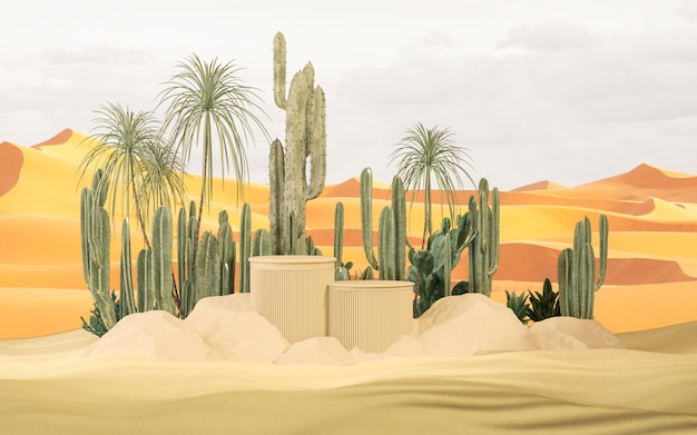 Podium sur fond de dunes de sable Colonne sur fond de désert avec cactus statue en pierre homme grec