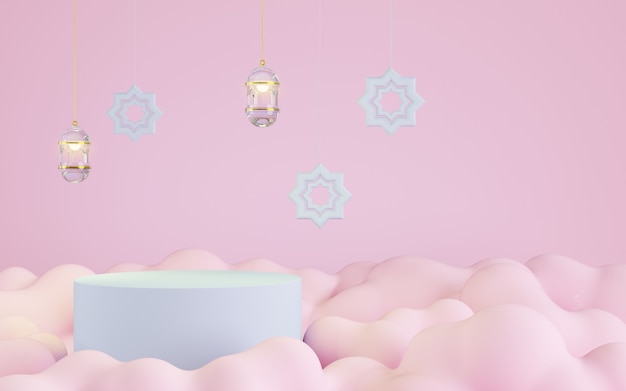 Podium avec fond de nuage rose, décoration islamique, illustration 3D