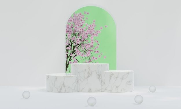 Podium avec fond pastel coloré et support d'arbre ou de feuille sur l'affichage publicitaire rendu 3D