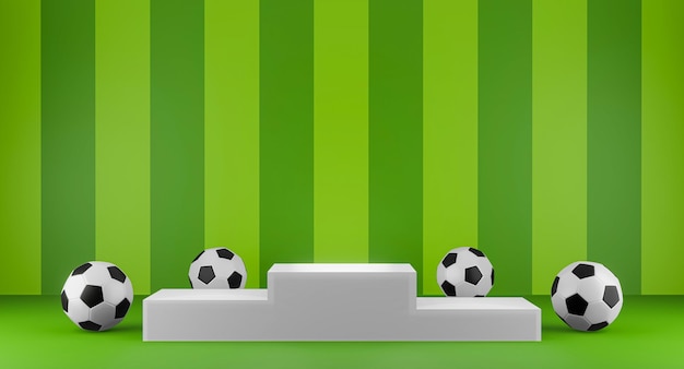 Podium de football de rendu 3D sur fond rayé vert. Étape d'affichage du produit