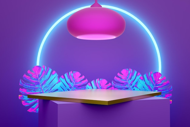 Podium avec des formes géométriques vides en composition violette ou violette pour un affichage sur scène moderne et une maquette minimaliste arrière-plan de vitrine abstraite Illustration 3D ou rendu 3D conceptuel