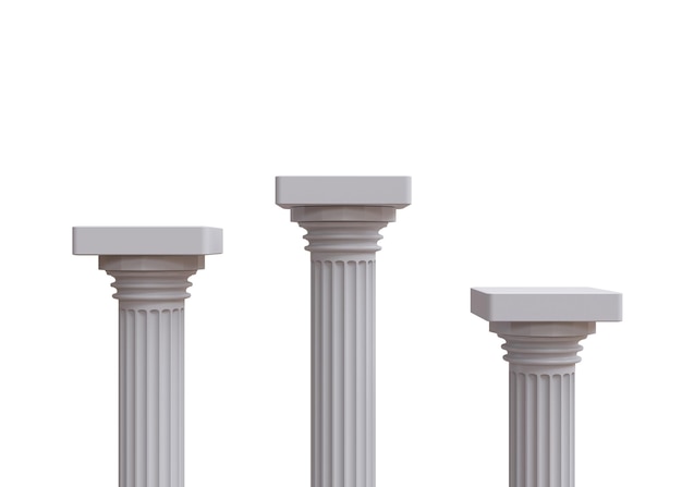 Podium des gagnants isolé sur fond blanc Trois colonnes de piliers en marbre pour la présentation du produit