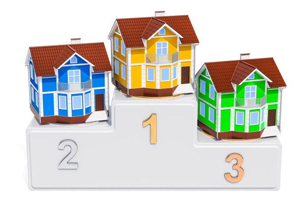 Podium des gagnants avec rendu 3D des maisons