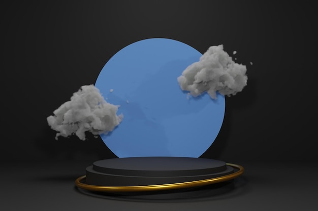 Podium géométrique sur fond sombre avec rendu 3d de nuages