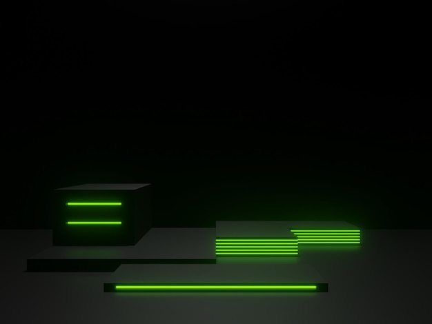 Podium géométrique noir 3D avec néons verts