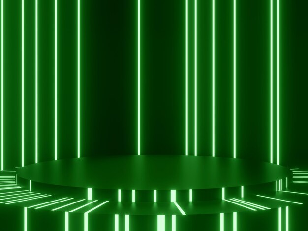Podium géométrique noir rendu 3D avec néons verts maquette SciFi