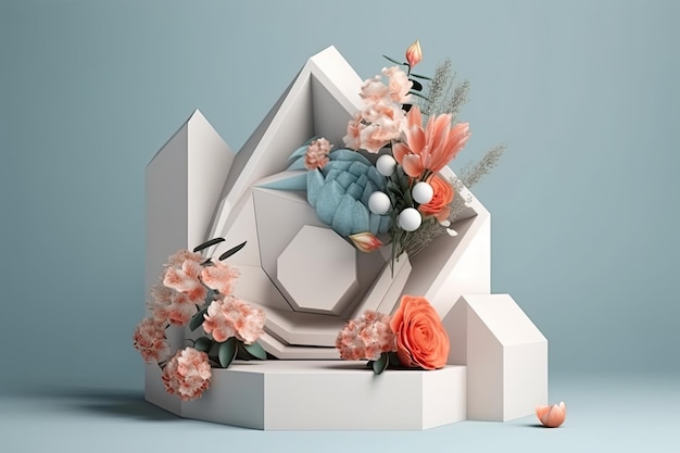 Podium géométrique pour présentation de produits décoré de fleurs Generative AI