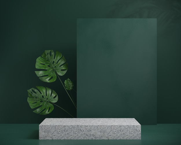 Podium de granit de rendu 3D avec palmier feuille ombre et fond vert, fond abstrait, pour spectacle cosmétique, affichage ou vitrine.