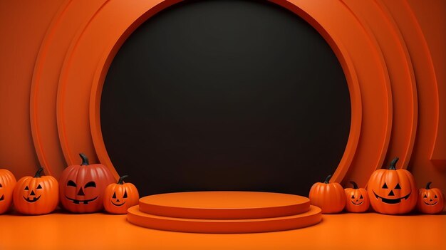 Podium d'Halloween 3D avec fond de citrouille pour la présentation du produit scène noire sombre